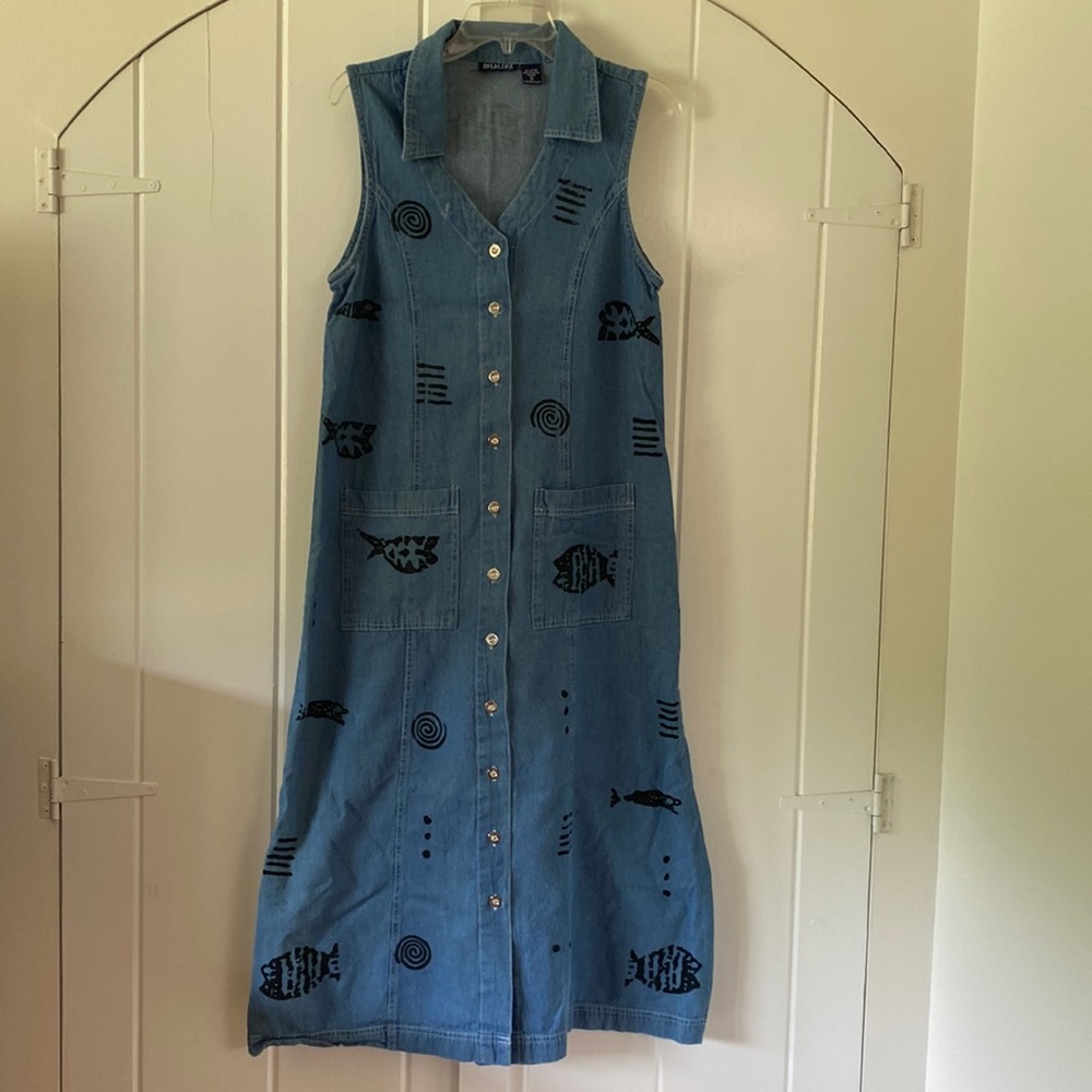 Rock Fish Print Denim Sleeveless Denim Pocket Button Down Dress